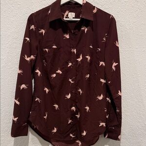 Burgundy Button-Up Shirt with Bird Print